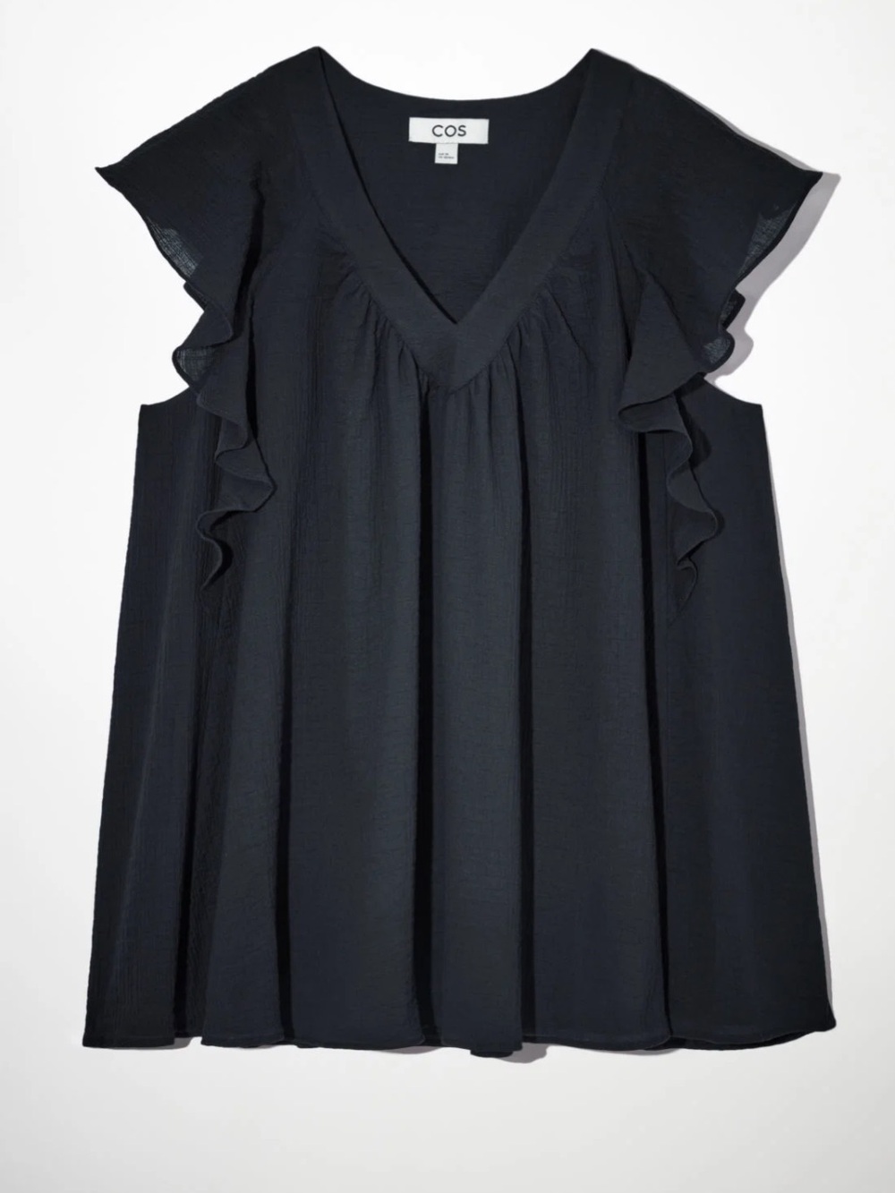 COS Navy-Black Ruffled V-Neck Cap-Sleeve Blouse Size 42 Large